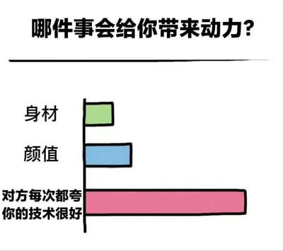 图片上方以黑色粗体字显示问题“哪件事会给你带来动力？”，下方是一个简易条形图。图中包含三个类别，从下到上分别是“对方每次都夸你的技术很好”（粉色长条）、“颜值”（蓝色中条）、“身材”（绿色短条），通过条形长度直观展示“被夸赞技术”是最能带来动力的选项，以幽默夸张的对比引发共鸣。