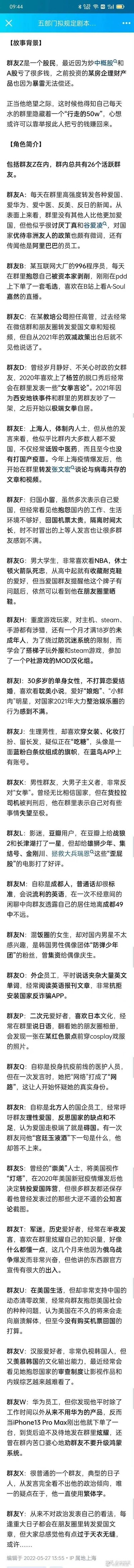 这是一个虚构的推理剧本设定：群友Z因炒股、房企理财亏损，得知群里隐藏着「行走的50w」（指被境外势力收买的人员），打算靠举报赚回亏损。剧本设定了群内26个活跃群友的详细特征，每个群友都有不同的行为、观点和背景，供参与者推理找出谁是目标人物。
无谐音梗或双关暗示，纯为推理类的群像设定内容。
