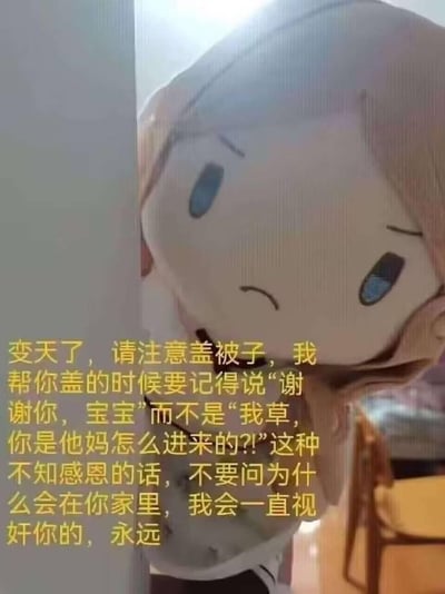 这是一张网友自制的搞笑表情包，画面主体是一个从墙角探出头的《蔚蓝档案》明日奈（未花）的卡通玩偶，玩偶表情委屈中带着一丝诡异。配文以病娇、跟踪狂式的夸张语气，假装会悄悄潜入对方家中帮忙盖被子，要求对方必须说“谢谢你，宝宝”来表达感谢，还指责惊讶质问的话语是不知感恩，甚至直白表示会一直“视奸”对方，用日常关心和偏执病态的表述形成强烈反差，制造荒诞搞笑的效果，属于网络上常见的整活类玩梗内容。