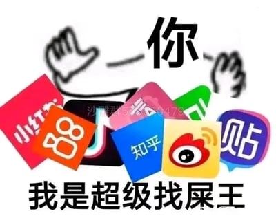 这是一张网友自制的沙雕风格表情包，画面上方是一个简笔画小人，双手握拳做出嚣张的姿态，上方配字“你”，小人身前堆叠着小红书、快手、抖音、知乎、微博、百度贴吧等多个主流社交平台的APP图标，画面底部配字“我是超级找屎王”，其中“找屎”是“找事”的谐音，用来调侃那些在各类社交平台上故意发表争议言论、引战挑事的人，用夸张搞笑的方式吐槽这类爱“找事”的行为，适合在聊天中用来调侃朋友或吐槽这类网络现象。