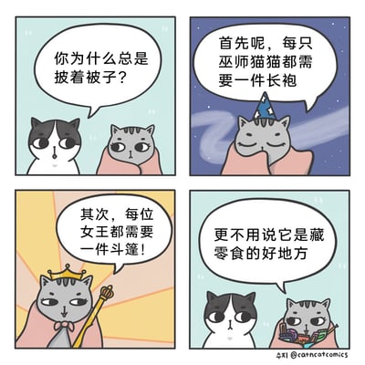 这是一组四格搞笑猫咪漫画，第一格中，一只黑白花色的猫咪疑惑地询问裹着粉色被子的灰猫：“你为什么总是披着被子？”；第二格场景切换到星空背景，灰猫戴着带星星图案的巫师帽，一本正经地说：“首先呢，每只巫师猫猫都需要一件长袍”；第三格背景变为放射状光芒，灰猫头戴皇冠、手持权杖，以女王的姿态说道：“其次，每位女王都需要一件斗篷！”；第四格回到初始背景，灰猫从粉色被子里掏出一堆各式各样的零食，补充道：“更不用说它是藏零食的好地方”，一旁的黑白猫露出无语的神情，整个漫画以幽默的方式给出了猫咪“披着被子”的三个搞笑理由，充满治愈感。