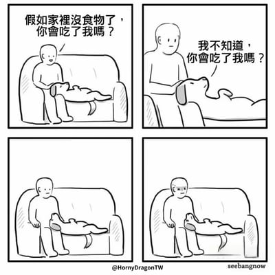这是一幅四格漫画，描绘了一个人和他的狗之间的有趣对话。第一格中，人坐在沙发上，抚摸着躺在腿上的狗问道：“假如家裡沒食物了，你會吃了我嗎？”。第二格中，狗抬起头反问：“我不知道，你會吃了我嗎？”。第三格和第四格展示了人从疑惑到怀疑的表情变化，暗示了这个看似简单的问题背后隐藏的黑暗幽默。