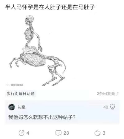 这是一张来自虎扑步行街的社交媒体话题截图，顶部提出了一个充满脑洞的趣味问题“半人马怀孕是在人肚子还是在马肚子”，并搭配了一幅半人马的骨骼线稿图，清晰呈现出半人马上半身人形、下半身马形的骨骼结构，为这个虚构的生理问题提供了直观的身体结构参考。从骨骼图可以看出，半人马的马形部分具备完整的躯干骨骼，包含生殖系统所在的腹腔结构，而人形部分仅为胸腔及上肢骨骼，没有对应的生殖器官骨骼，因此从生物逻辑推测，半人马怀孕应该是在马的肚子部分。下方标注“步行街每日话题”，显示这是该板块的日常讨论内容，用户沈泉的评论“我他妈怎么就想不出这种帖子？”表达了对这个新奇脑洞话题的惊叹，该评论获得了40个创意点赞、4次转发、23条回复和3个普通点赞，体现出这个脑洞话题引发了网友的共鸣与关注，整体氛围轻松搞笑，充满无厘头的脑洞趣味。