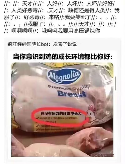 这张图分为上下两部分，上方是一段网友的情绪化疯癫评论，内容包含“天才”“人类好恶毒”“我要用高压锅炖你”等夸张的宣泄式文字；下方是账号“疯狂神经病院长bot”发布的说说，配文“当你意识到鸡的成长环境都比你好:”，并附上Magnolia品牌的鸡胸肉包装图，包装上标注“在没有压力的环境中长大”，用鸡的无压力成长环境，对比当代人被各种压力裹挟的生活，引发共鸣式自嘲，评论区的文字是网友看到该内容后的情绪宣泄，整体充满搞笑、无奈的氛围。
