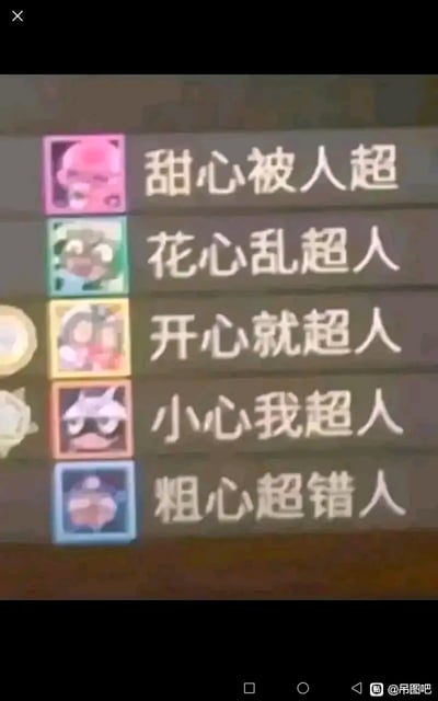 这是一张对国产动画《开心超人联盟》（原《开心宝贝》）中五位核心超人角色的趣味改名截图，将原本的角色名玩起了谐音梗：
- 甜心超人 → 甜心被人超
- 花心超人 → 花心乱超人
- 开心超人 → 开心就超人
- 小心超人 → 小心我超人
- 粗心超人 → 粗心超错人
每个新名字都贴合原角色的性格特点进行恶搞，比如粗心超人的“粗心超错人”对应他粗心大意的设定，整体通过谐音梗制造出搞笑的反差感，属于网友的二次创作整活内容。