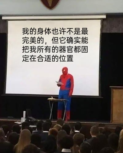 这是一张经过二次创作的静态梗图，场景设定在类似学校礼堂的舞台上，一名身着蜘蛛侠cos服装的人站在投影屏幕前，手持稿件，似乎正在进行一场正式演讲。屏幕上配有接地气的中文文案：“我的身体也许不是最完美的，但它确实能把我所有的器官都固定在合适的位置”，台下坐满了观众。图中利用超级英雄蜘蛛侠的严肃演讲形象与朴实自嘲文案形成强烈反差，以幽默的方式消解身体焦虑，传递出接纳自身不完美的轻松态度。