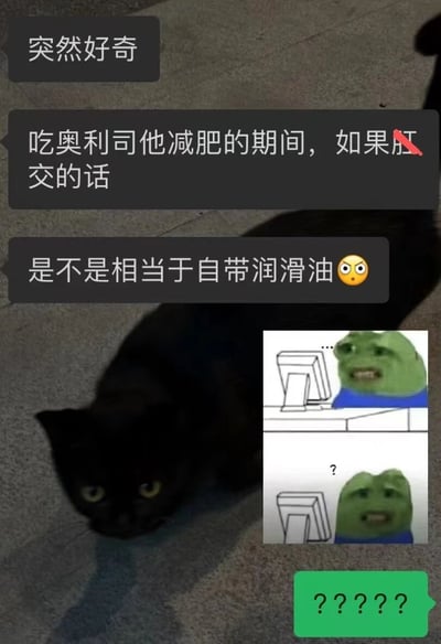 一张搞笑梗图，主体是一只趴在地上的黑猫，眼神略带疑惑地看向镜头。图片上叠加了三段黑色对话框文字：“突然好奇”、“吃奥利司他减肥的期间，如果肛交的话”、“是不是相当于自带润滑油😲”。右下角还有一个小插图，是绿色表情角色的两格漫画，第一格角色看着电脑屏幕，第二格露出疑惑表情。整体通过药物副作用和生活场景的联想制造黑色幽默效果。