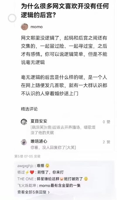 这是一张社交平台评论区截图，顶部有用户提问为什么很多网文的后宫设定毫无逻辑，用户momo回复反驳称网文后宫并非完全无逻辑，主角和后宫角色大多有共同冒险、寻宝的经历才产生感情，只是逻辑相对简单；随后momo举出真正无逻辑的“后宫”案例：一个人仅在网上发几首歌，就有大量素不相识的人穿着婚纱主动上门，以此暗讽现实中部分粉丝对偶像的狂热无底线追捧行为，下方还有其他用户的评论，有人调侃该发言过于戳中痛点，也有人评价这是momo最有含金量的发言。