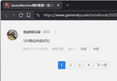 该图片为游民星空网站（gamersky.com）手册板块（URL含/handbook/2025）的网页截图，展示了一篇关于SteamMachine硬件配置文章的用户评论区。页面中显示用户“伪游戏玩家”（Lv.1）发布的评论“SM看起来挺好玩”，下方标注发布时间2025-11-13 10:35、来源地江苏，以及“赞1”“回复”“举报”功能按钮，底部有分页控件（1、2、3、4、下一页）。