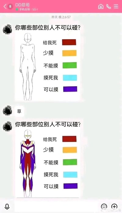 这是一张竖屏的QQ聊天记录截图，聊天双方为“DD总司”和头像标注“96NEKO”的用户。对话中，一方首先发送了一个网络流行的趣味模板：包含空白的女性人体轮廓，以及五个对应不同身体接触接受度的色块等级，分别是深红色“给我死”、黄色“少摸”、绿色“不能摸”、浅蓝色“摸死我”、紫色“可以摸”，配文提问“你哪些部位别人不可以碰？”。另一方回复单字“草”后，发送了经过二次创作的修改版模板：将空白人体替换为经典特摄角色迪迦奥特曼的身体配色，把迪迦的红、紫、白等颜色对应到模板的不同权限色块上，再次发送相同的配文，通过结合迪迦的经典形象玩梗，制造出反差搞笑的效果，属于社交平台上的趣味互动内容。