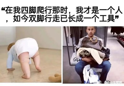 这是一张左右对比的图文混排静态图，左侧呈现的是一名婴幼儿正四脚爬行的画面，姿态天真纯粹，完全沉浸在自身的动作中，代表着人最初不受外界物质、压力干扰的纯粹状态；右侧是一名成年男性，坐在商场的休息椅上，怀里堆满了各类衣物、奢侈品包包等购物物品，脸上露出疲惫又无奈的神情，看起来被生活的物质需求和琐事所裹挟。图片上方配有扎心文字：“在我四脚爬行那时，我才是一个人，如今双脚行走已长成一个工具”，通过孩童时期的纯粹自我与成年后被生活驱使的状态形成强烈反差，精准戳中成年人在生活、物质压力下失去自我，沦为被各种任务、需求支配的“工具”的无奈心境，引发大众对成长与生活压力的共鸣。