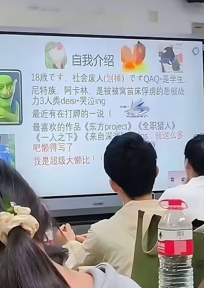 这是一张在教室场景中拍摄的投影屏幕图片，屏幕上是一份“自我介绍”，内容风格明显偏二次元和宅文化，混杂了网络流行语和自嘲元素。文案里有“社会废人（划掉）”、“QAQ是学生”、“被窝苗床俱乐部的悲催战力3人类”、“哭泣ing”、“懒得写了，我是超级大懒比！！”等自黑、卖萌和宅文化词汇。同时还大量引用了游戏、动漫（如东方project、全职猎人、一人之下）作品，整体风格轻松搞笑，带有明显的网络和二次元亚文化氛围。画面中还有学生坐在讲台下，手拿饮料或转着笔。整体营造了一种“中二&宅&社恐”的青年群体自嘲氛围，适合社交媒体自曝、吐槽或用来自嘲。

其中“社会废人”故意划掉自黑，带有自嘲的双关含义。多处“懒比”、“哭泣ing”等融合网络语言和外来词，增加了幽默感和网络属性。