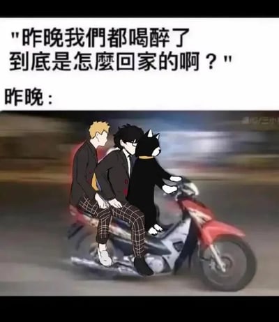 图片上方文字为“昨晚我们都喝醉了到底是怎么回家的啊？昨晚：”，下方是卡通插画，描绘了一只黑猫驾驶红色摩托车，后座载着两个看起来醉酒的人，三人正在行驶中。整体通过文字与画面的反差制造幽默效果，展现了醉酒后荒诞的回家方式。
