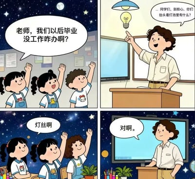 四格连环漫画以幽默方式展现学生就业焦虑。第一格：星空背景下三名学生举手问老师“我们以后毕业没工作咋办啊？”；第二格：老师站讲台前指向头顶灯泡说“同学们，别担心，你们抬头看灯泡里有什么？”；第三格：学生齐声回答“灯丝啊”；第四格：老师微笑点头“对啊。”。通过“灯丝”的字面回答形成冷幽默，轻松化解学生对未来就业的担忧。