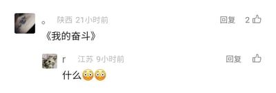 这是一张横版的社交媒体评论区截图，展示了两条来自不同地区用户的互动评论。第一条评论来自陕西的用户，发布时间为21小时前，内容为《我的奋斗》，该评论获得了2个点赞，用户头像上带有“小朋友”字样的水印；第二条评论来自江苏的用户，发布时间为9小时前，内容为“什么”并附带两个惊讶表情，该评论获得了1个点赞，用户头像是一只猫咪的图片。两条评论形成简单互动，第一条评论的内容引发了第二条评论用户的惊讶与疑问。
