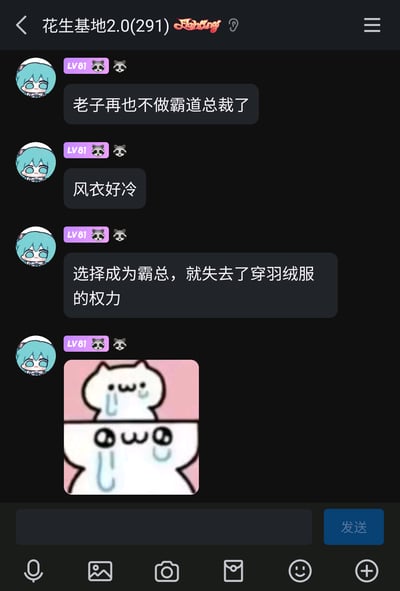 这是一张腾讯QQ群聊（群名：花生基地2.0，群成员共291人）的截图，群内一位等级为LV81、使用蓝发卡通头像（风格类似初音未来）的用户连续发送四条内容，先是宣告“老子再也不做霸道总裁了”，接着说明原因是“风衣好冷”，还幽默调侃“选择成为霸总，就失去了穿羽绒服的权力”，最后发送一张双层流泪的卡通猫猫表情包，用戏谑的方式吐槽冬日里维持霸总造型的寒冷与不便，整体氛围轻松搞笑，用网络热梗结合日常吐槽引发共鸣。