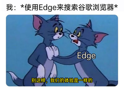 这是一张网友二次创作的搞笑梗图，画面改编自经典动画《猫和老鼠》的场景。上方文字描述了用户的行为：“使用Edge来搜索谷歌浏览器”，画面中右边的汤姆猫被标注为“Edge”，它伸手拦住左边的汤姆猫（代表想要下载谷歌浏览器的用户），下方配文“别这样，我们的体验是一样的”，以此调侃Edge浏览器与谷歌浏览器基于相同内核，使用体验相近，用拟人化的方式表现Edge试图挽留用户的状态，充满趣味性。