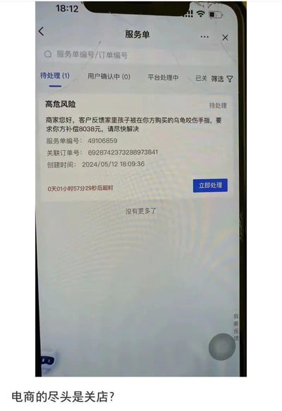 手机屏幕截图显示电商平台服务单界面，处于“待处理”状态的高危风险投诉。内容为客户反馈孩子被购买的乌龟咬伤手指，要求商家赔偿8038元，服务单即将在0天01小时57分29秒后超时。图片底部配有文字“电商的尽头是关店?”，暗示电商经营中的无奈与荒诞。