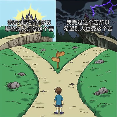 这是一张静态卡通风格的人生选择主题梗图，画面中一个背对着镜头的小男孩站在Y字形的分岔路口，两条道路分别通向氛围截然不同的终点：左侧道路的尽头是被温暖阳光环绕的明亮城堡，搭配文字“我受过这个苦所以希望别人别受这个苦”，象征着经历过苦难后，选择共情他人、希望帮助他人避开同样痛苦的正向心态；右侧道路的尽头是被乌云与雷电笼罩的阴暗城堡，搭配文字“我受过这个苦所以希望别人也受这个苦”，象征着经历苦难后，产生偏执、将自身痛苦转嫁于他人的负向心态。整张图通过强烈的视觉对比和文字反差，直观展现了人在经历挫折后可能出现的两种完全相反的心境与选择，引发观者对自身心态的思考。