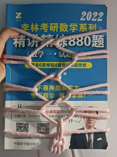 图片中是一只手拿着一本蓝色封面的考研数学辅导书，书名是《2022 李林考研数学系列 精讲精练880题（数学一·试题）》。封面上方有黄色和白色文字，中间部分被粉色绳结缠绕，绳结呈网状交叉，部分遮挡了书名和下方的文字。封面底部印有一位穿着西装的男性（李林）的肖像照片及相关推荐语，如“不靠押题靠实力 考研数学 就选李林!”。整体给人一种学生对考研复习资料进行趣味装饰或调侃的感觉，可能用于表达学习压力下的轻松心态。