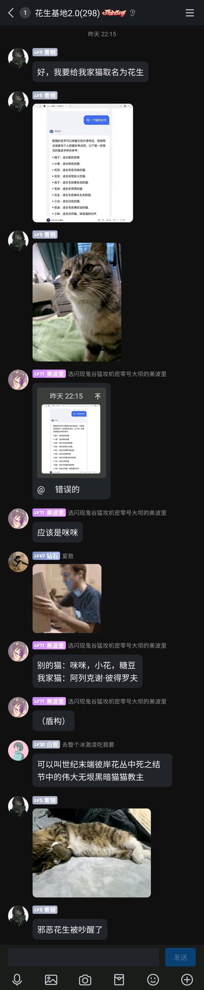 这是一张名为“花生基地2.0(298)”的社群聊天记录截图，群内成员围绕猫咪取名展开轻松搞笑的互动。LV5青铜的用户宣布要给自己的狸花猫取名为“花生”，同时附上了AI工具Kimi给出的猫咪取名参考截图，以及自家猫咪的两张生活照；LV71美波里的用户先是反驳称应该叫“咪咪”，接着玩梗给自己的猫取了正式的俄式名字“阿列克谢·彼得罗夫”，还玩了《无畏契约》的游戏梗；另有LV20白银的用户给出了一段中二风格的超长名字；最后楼主发布猫咪睡觉被吵醒的照片，配文“邪恶花生被吵醒了”，整个聊天氛围充满趣味与玩梗的欢乐感。