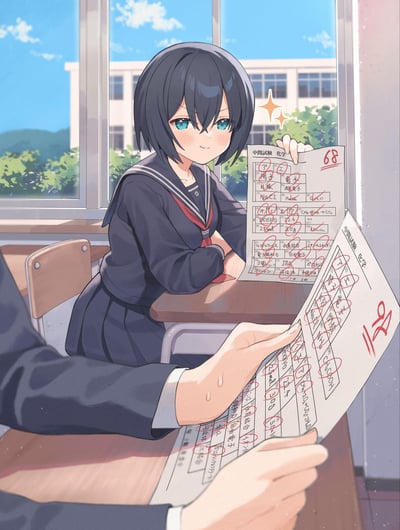 二次元校园场景插画，画面中心是一位身穿深蓝色水手服的JK少女，她坐在教室课桌前，手持一张标注“中国陽光中学 化学”的试卷，右上角分数为68分。少女短发乌黑，蓝瞳明亮，脸颊泛红带着娇羞的微笑，头顶有闪亮特效。前景中另一只手（疑似老师）拿着另一张化学试卷，上面布满红色批改圈，分数为32分。背景是明亮的窗户，窗外可见学校教学楼和蓝天白云，整体氛围清新又带点成绩对比的微妙感。