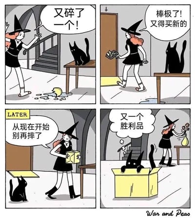这是一则四格连环漫画，讲述了女巫和黑猫之间的趣味小闹剧：第一格中，女巫看到地面上被摔碎的容器，惊呼“又碎了一个！”，一旁桌子上的黑猫淡定地注视着这一切；第二格，女巫捡起容器碎片，却开心地说道“棒极了！又得买新的”，看起来对购置新容器充满期待，黑猫依旧在桌旁看着她；第三格画面标注“LATER（稍后）”，女巫抱着新容器回到家，对着门口的黑猫严肃叮嘱“从现在开始别再摔了”；第四格，黑猫躲在黄色箱子里，看着女巫摆放新容器，内心想着“又一个胜利品”，原来容器都是黑猫故意打碎的，以此“收集”新容器，形成了幽默的反转剧情。