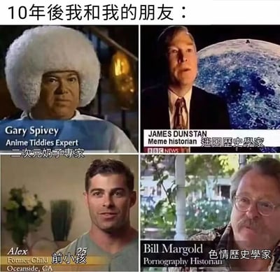 图片为2x2四格拼图，标题为“10年后我和我的朋友：”，每格展示一位“专家”形象，通过荒诞头衔制造幽默效果。左上：Gary Spivey，头衔“Anime Tiddies Expert 二次元奶子专家”，戴夸张白色假发；右上：James Dunstan，头衔“Meme historian 迷因历史学家”，背景为地球；左下：Alex，头衔“Former Child 前小孩”；右下：Bill Margold，头衔“Pornography Historian 色情历史学家”。整体通过反差感调侃朋友未来可能的“奇葩职业”。