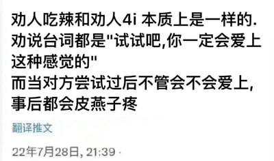 这张图片通过幽默的方式比较了劝人吃辣和劝人尝试4i的相似之处。核心笑点在于两者都使用相同的劝说台词"试试吧,你一定会爱上这种感觉的",并且无论对方是否真的喜欢,事后都会经历"皮燕子疼"的后果。这里的"皮燕子"是网络流行语,指的是肛门。