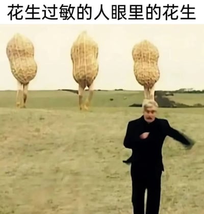 这是一张经过P图改编的搞笑梗图，顶部配文“花生过敏的人眼里的花生”。画面中，一名身着黑色西装的男子面露惊恐，捂着胸口在空旷的草地上奔跑，身后有三个长着人腿的巨型花生形象正在追赶他。该图用夸张戏谑的视觉表现，生动调侃了花生过敏人群对花生的极度恐惧，将过敏原塑造成会带来危险的“怪物”，充满诙谐的喜剧效果。