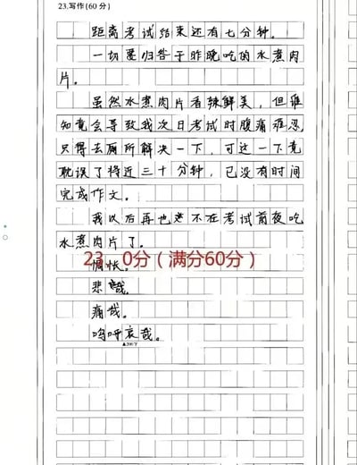 这是一张语文考试作文答题纸的实拍图，对应分值60分的23题写作题。考生在答题纸上撰写的内容围绕自己考试前夜吃水煮肉片，导致次日考试时腹痛难忍，去卫生间耽误了近三十分钟，来不及写完作文展开，最后还写下“惆怅、悲哉、痛哉、呜呼哀哉”的感慨，全文仅约200字，阅卷老师用红笔给这篇不符合要求的作文打出了0分，同时标注了满分60分，整体内容充满戏剧性反差，十分搞笑。