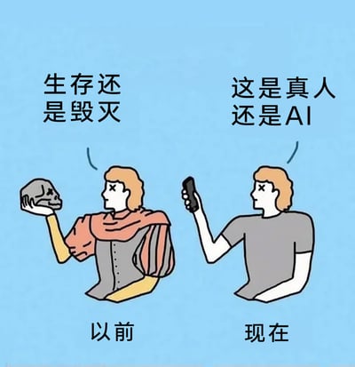 这是一张左右分栏的卡通对比漫画，左侧呈现的是模仿莎士比亚经典戏剧《哈姆雷特》的场景：头戴X形眼纹的卡通人物身着复古戏服，手托骷髅，上方配文‘生存还是毁灭’，下方标注‘以前’，还原了哈姆雷特对生命终极命题的深沉思考；右侧则是现代场景：同款卡通人物换上简约T恤，手持智能手机，上方配文‘这是真人还是AI’，下方标注‘现在’，调侃了AI技术普及后，人们面临的新的核心困惑——辨别线上交流对象是真人还是人工智能。整张图通过古今场景的幽默对比，生动展现了不同时代人们面临的终极疑问的转变，贴合当下AI时代的社会现状，充满趣味性。
