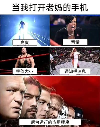 这是一张多图拼接的搞笑梗图，以“当我打开老妈的手机”为核心主题，选取WWE职业摔角赛事中的经典画面，将其与中老年长辈使用手机的典型设置状态一一对应：用被强光笼罩出场的摔跤手，调侃妈妈手机亮度调到最高的状态；用激动大喊的女摔跤手，对应手机音量调得很大的情况；用体型壮硕的摔跤手，比喻字体设置得格外大；用手持超长纸张的摔跤手，夸张表现通知栏消息多到离谱；最后用一群表情严肃的知名摔跤手，对应后台运行的应用程序数量繁多的状态。整张图用夸张的职业摔角场景，精准戳中长辈使用手机的普遍习惯，充满生活趣味，引发网友共鸣。