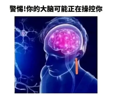 这是一张文字加注的P图改编3D渲染静态单图，顶部配有醒目的文字“警惕!你的大脑可能正在操控你”。图中主体是一个半透明的人体头部模型，内部的大脑呈现出发光的粉红色，模拟大脑处于活跃运作的状态，从头部的耳朵位置还延伸出一根带有橙色接口的类似充电线的线条，仿佛大脑是一个需要供电的电子设备，画面左侧还搭配了神经元细胞的图示。这张图用反常识的戏谑角度，将我们通常认知里“自我操控大脑”的逻辑反转，调侃我们的日常行为其实都是大脑发出的指令，用具象化的充电线元素强化大脑像“设备”一样主导我们行为的脑洞观点，制造出反差趣味，属于网络上流行的脑洞类趣味科普梗图。