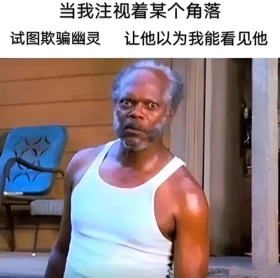 图片上方配有黑色文字'当我注视着某个角落 试图欺骗幽灵 让他以为我能看见他'，下方是一位穿着白色背心的老年男性。他站在门廊处，背景有一把蓝色椅子，眉头紧锁，双眼圆睁，面部肌肉紧绷，呈现出极度夸张的惊讶表情。文字描述的'主动欺骗幽灵'与人物真实流露的惊恐神态形成强烈反差，营造出幽默搞笑的效果。