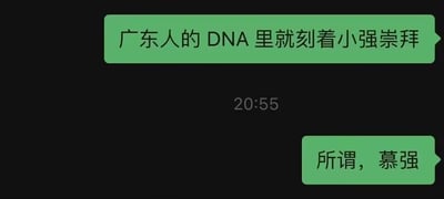 这是一张微信聊天记录截图，图中展示了聊天者发送的两条绿色气泡消息，第一条内容为“广东人的DNA里就刻着小强崇拜”，第二条为“所谓，慕强”。内容以幽默的方式调侃广东地区的蟑螂（俗称“小强”）拥有极强的生命力，当地居民对这种生物的顽强特性早已习以为常，用“刻在DNA里的崇拜”来玩梗，同时“慕强”一词在这里形成双关效果，既指网络语境中对强者的崇拜，又趣味化地对应了对“小强”这种生命力“强者”的调侃式“崇拜”，充满生活趣味与幽默感。