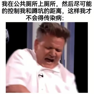 这张梗图上方是文字说明："我在公共厕所上厕所，然后尽可能的控制我和蹲坑的距离，这样我才不会得传染病:"，下方是一位中年男子的照片。男子穿着白色T恤，头发略显凌乱，面部表情非常夸张，眉头紧锁，嘴巴大张，似乎在用力或忍受某种不适，生动形象地表现了人们在使用公共厕所时为保持卫生而采取的夸张姿势和努力。