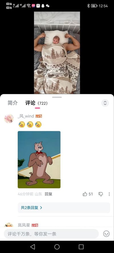 这是一张竖屏的B站手机端评论区截图，截图上半部分是主帖的预览图，为视觉错位的搞笑实拍内容：一名肌肉发达的成年男性躺在床上，双臂举在头侧，他的头部被白色枕头完全挡住，枕头前方露出一个婴儿的头部，盖在身上的带有森林、房屋图案的毯子刚好卡在成人胸口和婴儿头部的衔接位置，制造出“肌肉壮汉长了婴儿小脑袋”的错位效果。下方评论区顶部是用户“_风_wind”发布的评论，附带三个大笑表情和一张《猫和老鼠》中斗牛犬斯派克的动画截图，斯派克头小身壮的形态和上方的错位图高度相似，该评论发布自山东，发布时间为46分钟前，获得了51个点赞，下方标注有2条回复，最底部是B站的评论输入框。