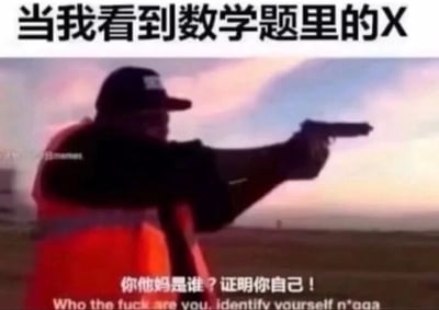 这是一张顶配底文的搞笑梗图，顶部配有文字“当我看到数学题里的X”，下方是一个穿着橙色反光背心、戴着深色帽子的人双手举枪的画面，画面底部配有中文质问语“你他妈是谁？证明你自己！”以及对应的英文翻译。这张图用夸张、戏谑的方式，将做数学题时求解未知数X的过程，转化为对X的“灵魂质问”，生动地表达了很多人面对数学题中未知数时的困惑、烦躁与无力感，通过反差感制造出强烈的搞笑效果，引发学生群体的共鸣。