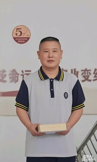 这是一张AI换脸生成的趣味图片，将相声演员岳云鹏的面部合成到身着浅灰与藏青拼接款校服的人物躯体上，人物双手捧着一本厚书，站姿端正。背景墙面上有数字“5”以及“接受命运 改变”的字样，整体画面将成熟艺人的面部与学生装扮结合，形成强烈反差感，充满搞笑氛围。