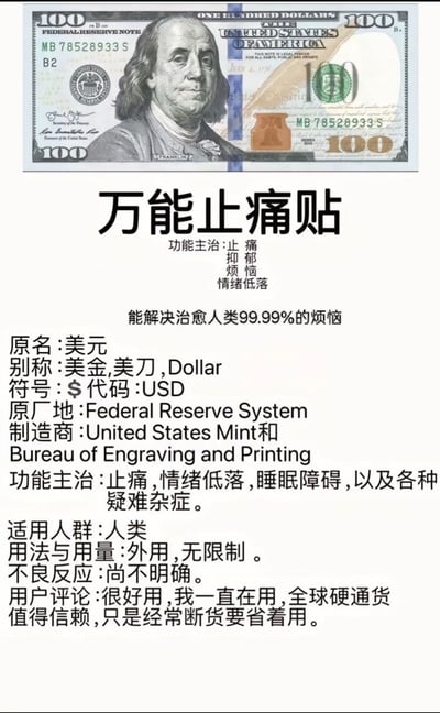 图片顶部为一张100美元纸币，印有本杰明·富兰克林的肖像。纸币下方是模仿药品说明书格式的中文文字内容，标题为“万能止痛贴”，内容调侃美元的“功效”：功能主治包括止痛、抑郁、烦恼、情绪低落，声称能解决治愈人类99.99%的烦恼；“原名”标注为“美元”，别称“美金、美刀、Dollar”，符号“$”，代码“USD”，原厂地“Federal Reserve System”，制造商“United States Mint和Bureau of Engraving and Printing”；适用人群为“人类”，用法用量“外用，无限制”，不良反应“尚不明确”；用户评论称“很好用，我一直在用，全球硬通货，值得信赖，只是经常断货要省着用”。整体通过将美元比作“万能止痛贴”，以幽默讽刺的方式表达金钱在现实生活中的重要性。