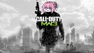 这是一张拼贴梗图，背景为《使命召唤：现代战争3》(CALL OF DUTY MW3)的黑白战争主题海报，画面中央是一名身着战术装备、手持步枪的士兵剪影，背景是被战火摧毁的城市废墟与阴云密布的天空。士兵的头部被替换成了来自韩国手游《胜利女神：妮姬》的二创角色Doro——一个有着粉色头发、扎着蝴蝶结、眼睛大而圆、表情呆萌模糊的卡通形象。海报中央清晰显示游戏标题“CALL OF DUTY MW3”，其中“MW3”为绿色字体。这种反差萌的组合将严肃的战争游戏氛围与Doro的可爱形象结合，形成幽默效果，体现了网络亚文化中二次创作的特点。