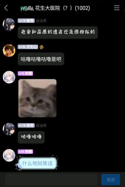 这是一张来自名为“花生大医院（？）(1002)”的群聊的静态截图，群内成员围绕一个地狱笑话展开互动：成员“LV18破命 白法师”首先抛出“老舍和屈原的遗言还是很相似的”这个梗，成员“LV34 月无心”立刻接话“咕噜咕噜咕噜是吧”，点出该梗的核心——将老舍投湖、屈原投江时落水发出的“咕噜”声调侃为两人“相似的遗言”，属于拿历史悲剧人物的逝世方式玩梗的地狱笑话。随后成员“LV5 男模”发送了一张神态模糊的猫咪表情包，“白法师”接着附和“咕噜咕噜”，最后“男模”吐槽“什么地狱笑话”，整个对话展现了网络社群中玩地狱笑话的轻松但不当的互动氛围。