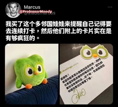用户Marcus购买了多邻国的绿色猫头鹰周边玩偶，原本是想靠它提醒自己坚持打卡学外语，结果附带的卡片却用一种玩梗式的“硬核威胁”语气写着：感谢购买周边，希望你能完成每日学习任务，要是没做的话，就“已经知道你家住哪”。这种把APP里猫头鹰催用户学习的设定延伸到现实周边的操作，反差感拉满，十分搞笑。