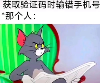 这张梗图用幽默方式展现了日常生活中的尴尬场景：当有人获取验证码时输错手机号，那个收到陌生验证码的人会是什么反应。图片上方配有文字"获取验证码时输错手机号 *那个人："，下方是《猫和老鼠》中汤姆猫愤怒地看着报纸的经典截图，完美诠释了收到不明验证码时的困惑与恼火。