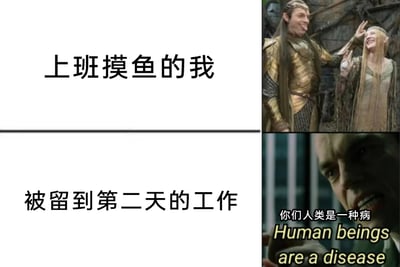 这是一张上下分栏的对比式职场吐槽梗图，上半部分左侧配有文字“上班摸鱼的我”，右侧使用《指环王》里的精灵角色互动画面，两个精灵神态放松、嬉闹玩耍，生动展现出职场摸鱼时毫无压力、惬意轻松的状态；下半部分左侧配有文字“被留到第二天的工作”，右侧使用《黑客帝国》里的史密斯探员画面，他表情愤怒狰狞，配文“你们人类是一种病 Human beings are a disease”，用这个角色的极端愤怒情绪，来比喻堆积到第二天的工作像“病症”一样让人烦躁不堪，精准戳中职场人摸鱼后面对遗留工作的无奈与焦虑，通过影视梗的形式放大了这种真实的职场情绪。