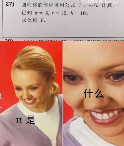 整张图由上下两部分拼接而成，上方是一道数学练习题，题干给出圆柱体体积计算公式，随后给出的已知条件违背常识将圆周率π赋值为5，要求计算体积；下方是两张外网流行的金发女性表情包拼接图，左侧图配文“π是”，右侧为该女性脸部放大的夸张诡异笑容特写，配文“什么”，生动表现了读者看到π被赋值为5时错愕、不敢置信的荒谬感。
