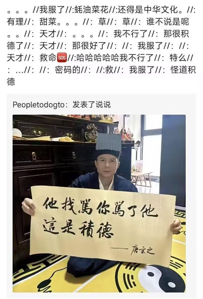 这是一张QQ空间说说的截图，上方是该说说下的网友评论，满是「我服了」「天才」「那很积德了」之类的惊叹、调侃内容；下方是用户Peopletodogto发布的内容：一位署名「唐玄之」的真人身着道服、戴着道冠，跪坐在带有太极图案的垫子上，一本正经地举着一幅书法作品，上面写着「他找骂你骂了他 这是积德」。用正经的道家风格包装日常怼人的行为，制造出强烈的反差感，戳中网友笑点，引发大量调侃互动。
没有双关、谐音梗，核心是用反差感制造搞笑效果，把怼人行为调侃成「积德」的正经事。