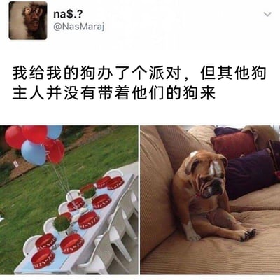 这是一张由两张图片拼接而成的社交媒体趣味分享图，顶部显示X（原Twitter）用户@NasMaraj的账号信息，下方配文为“我给我的狗办了个派对，但其他狗主人并没有带着他们的狗来”。左侧图片呈现了户外精心筹备的狗狗派对场景：长桌上摆放着多个带有红色边缘的狗碗餐食，搭配几簇绿色装饰，桌边系着红蓝相间的气球，周围整齐摆放着白色塑料椅子，派对氛围十足；右侧图片则是一只英国斗牛犬，它模仿人类的姿态靠在沙发靠背上，耷拉着脑袋，眼神低垂，面部表情满是委屈与失落，生动地表现出派对没有其他狗狗参加后的低落情绪。整个内容通过“精心准备的派对”和“狗狗失落的状态”形成强烈反差，既搞笑又让人心生怜爱，精准戳中网友对宠物情绪的共情点。
