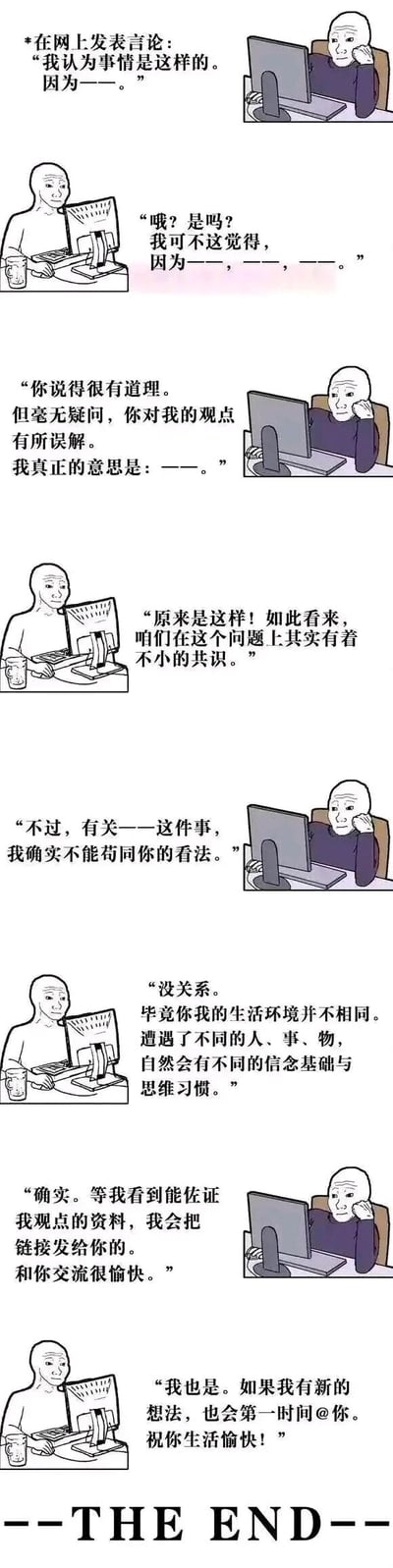 这是一组竖版连环卡通漫画，以8个分镜展现了两位网络用户之间理想的理性交流过程。第一位深色上衣的网友先提出观点，第二位浅色上衣的网友表达不同看法并给出依据；前者随即解释自己的真实意思，后者表示双方存在共识；接着前者指出仍有不同意见，后者则表示理解，认为生活环境差异会导致观念不同；最后双方约定后续分享相关资料，友好结束对话。整个交流过程充满尊重、理解，没有争执，呈现了网络交流中难得的理性、平和的沟通场景，漫画中的空白处是留给读者代入具体议题的空间。